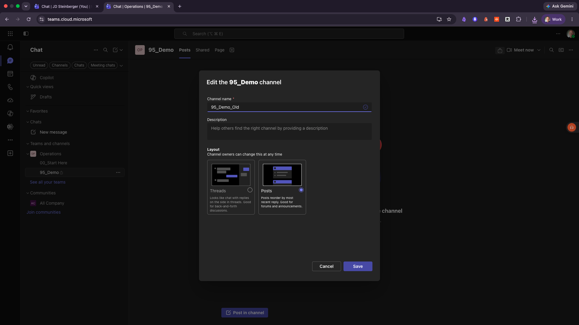Microsoft Teams channel Edit screen with no channel type field