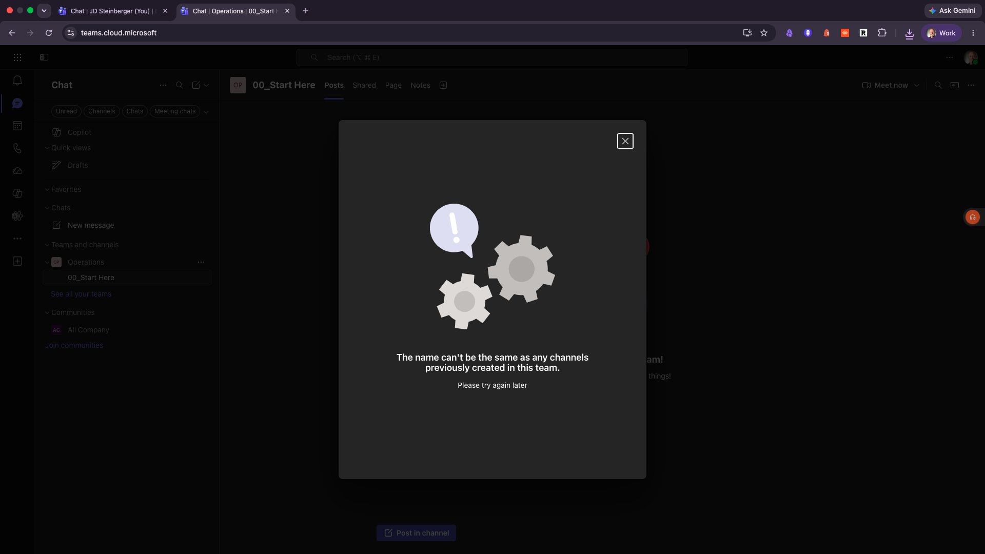 Microsoft Teams duplicate channel name error message
