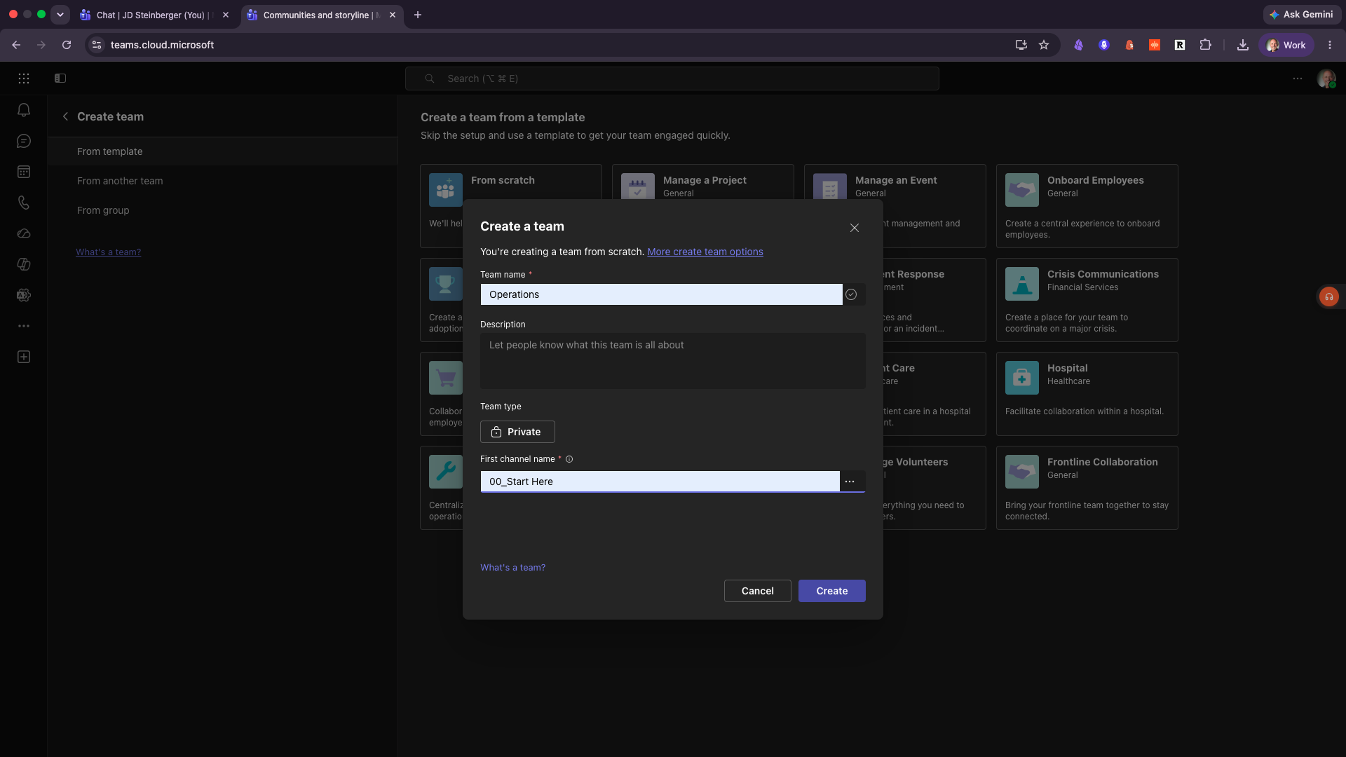 Creating a department team in Microsoft Teams for a construction company