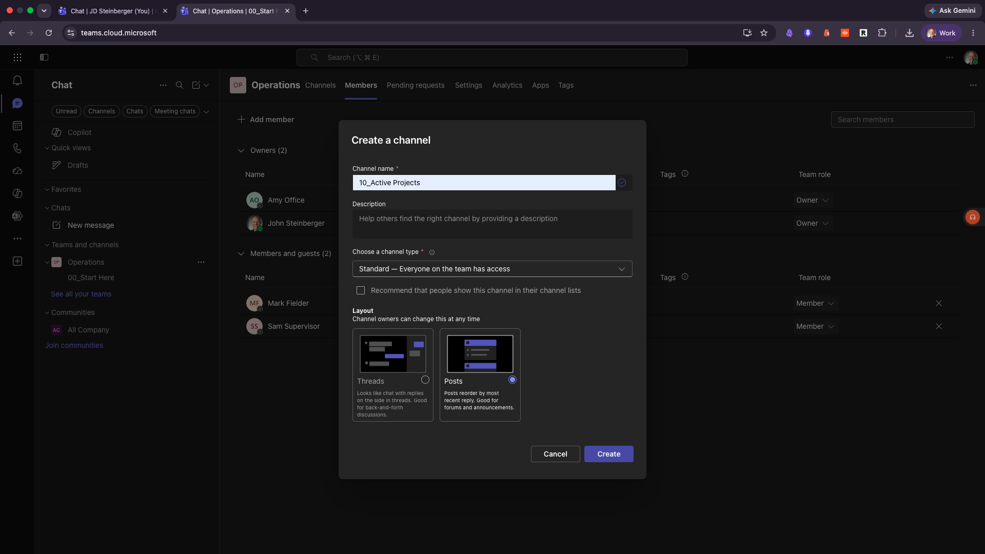 Switching a Microsoft Teams channel from Threads to Posts