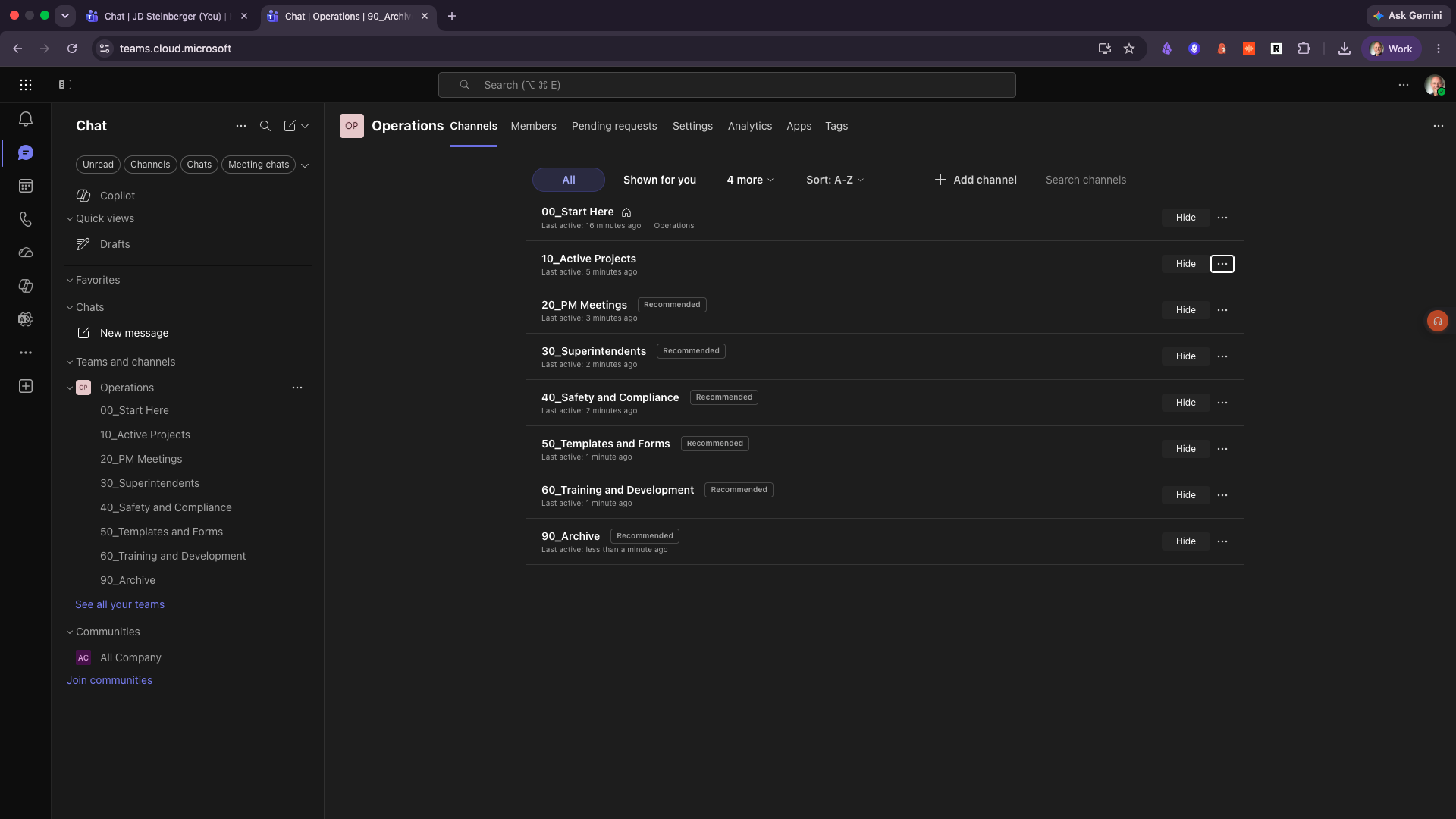 Microsoft Teams for construction channel structure numbered by band system